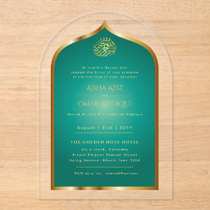 Invitations En Acrylique Gold islamique vert Nikah Walima musulman Élégant