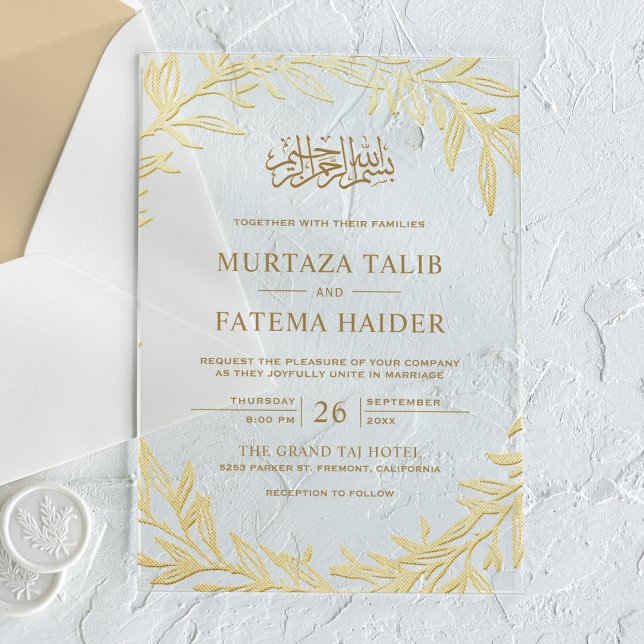 Invitations En Acrylique Gold Leaves Islamic Muslim Wedding (Créateur téléchargé)