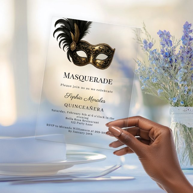 Invitations En Acrylique Gold luxury Masquerade Quinceanera (Créateur téléchargé)