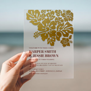 Invitations En Acrylique Gold - Mariage de plage d'Hibiscus élégant