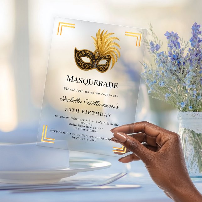 Invitations En Acrylique Gold Masquerade luxury clear birthday party (Créateur téléchargé)