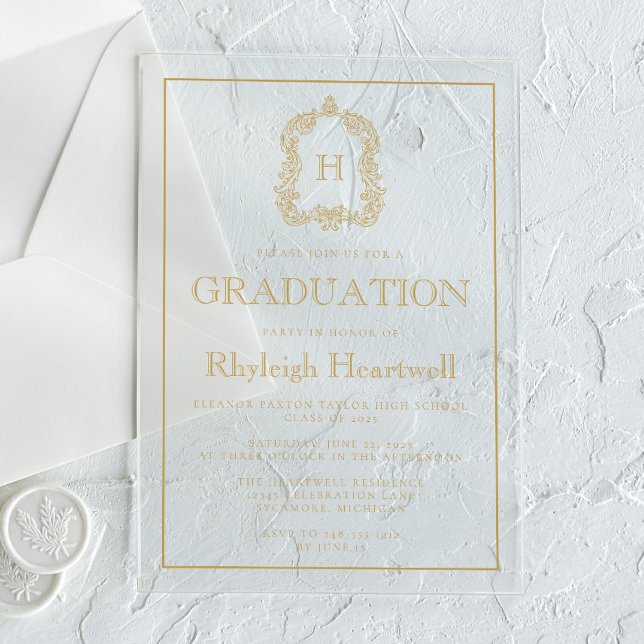Invitations En Acrylique Gold Monogram Crest Graduation Party (Créateur téléchargé)