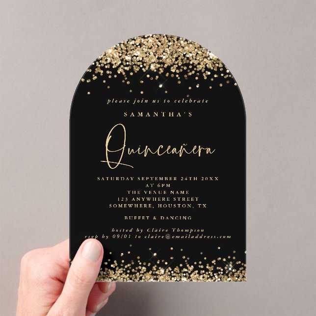 Invitations En Acrylique Gold Parties scintillant Black Quinceanera fête d' (In situ (ordinateur de poche))