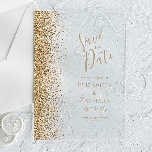 Invitations En Acrylique Gold Parties scintillant Edge Wedding Enregistrer  (Créateur téléchargé)