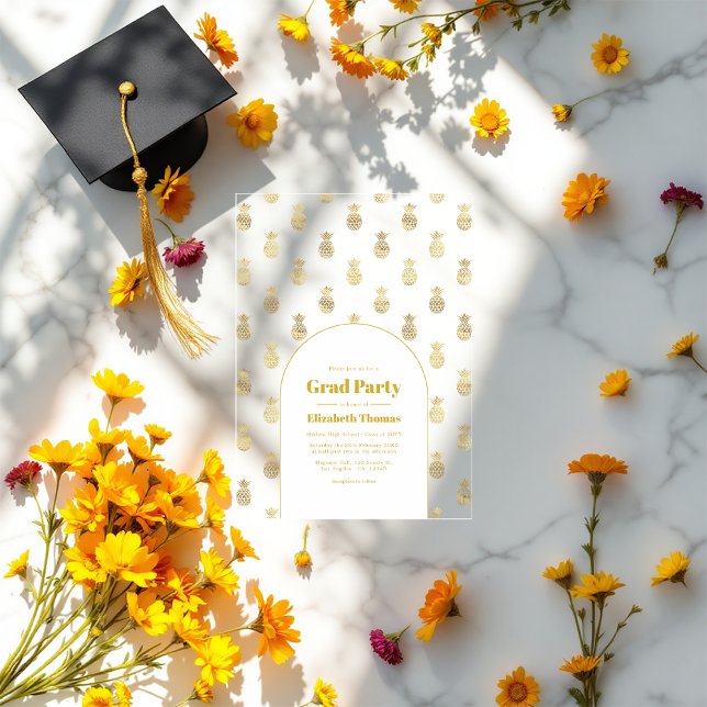 Invitations En Acrylique Gold Pineapple Transparent Graduation Party (Gold Pineapple Transparent Graduation Party Acrylic Invitations)