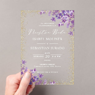Invitations En Acrylique Gold Purple Lavender Nuestra Boda Mariage espagnol
