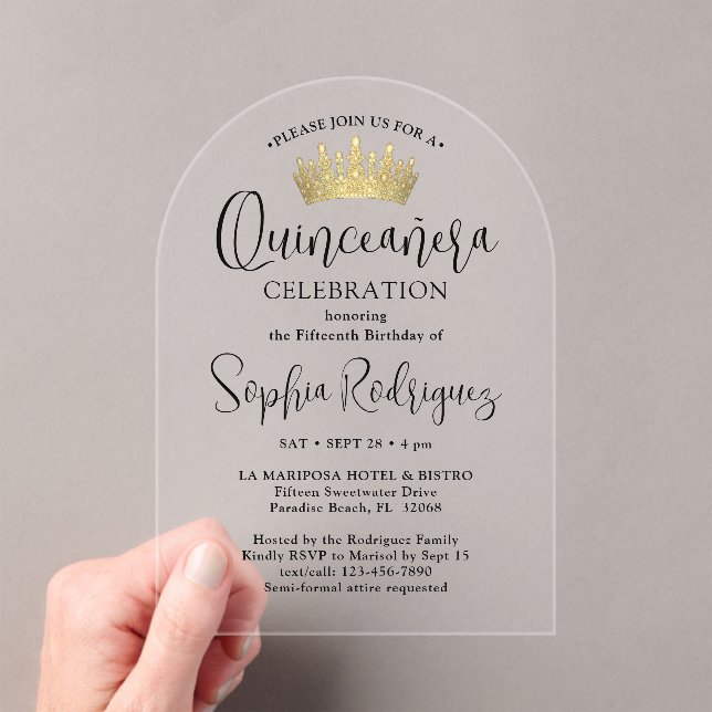 Invitations En Acrylique Gold Quinceañera Crown Chic Script tendance modern (In situ (ordinateur de poche))
