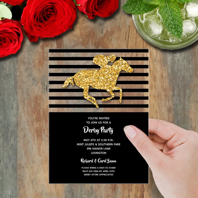 Invitations En Acrylique Gold Racehorse Black Stripes Derby Party (Gold faux glitter racehorse and jockey on black and white stripes clear acrylic party invitations)