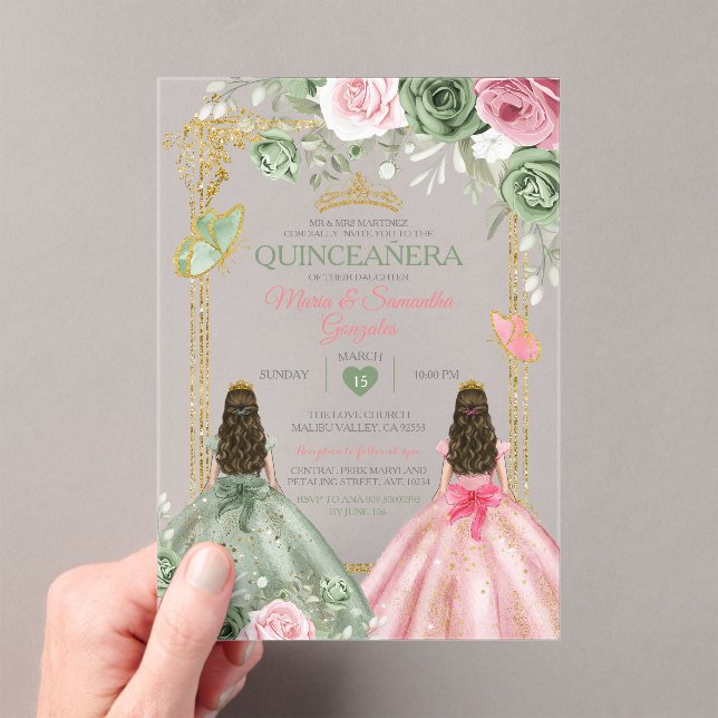 Invitations En Acrylique Gold Sage Vert Et Rose Twin Quinceañera (In situ (ordinateur de poche))
