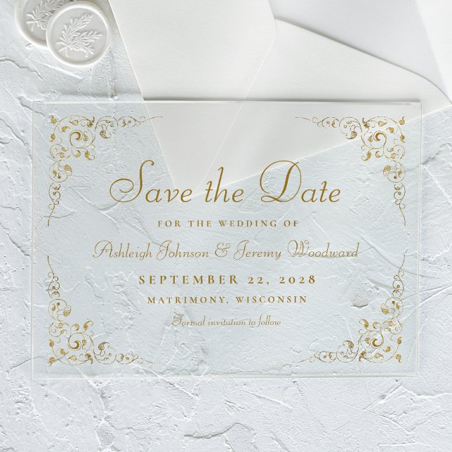 Invitations En Acrylique Gold Script Botanical Frame Wedding Enregistrer la (Créateur téléchargé)