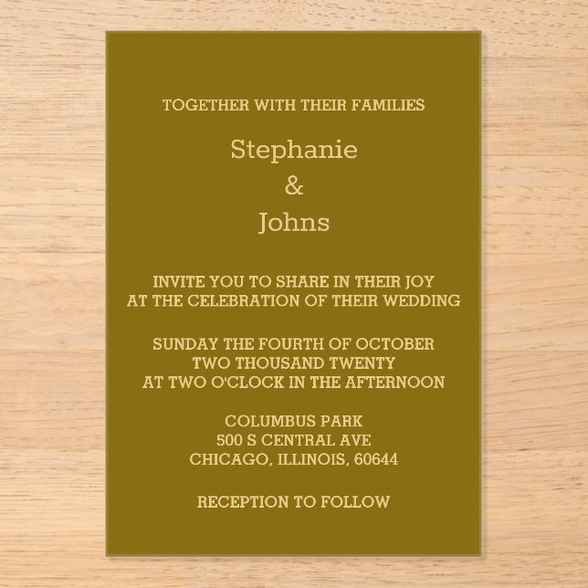 Invitations En Acrylique Gold Script Golden Jaune Brown élégant mariage (Recto)
