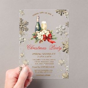Invitations En Acrylique Gold Snowflakes, Poinsettia Wine Company Party