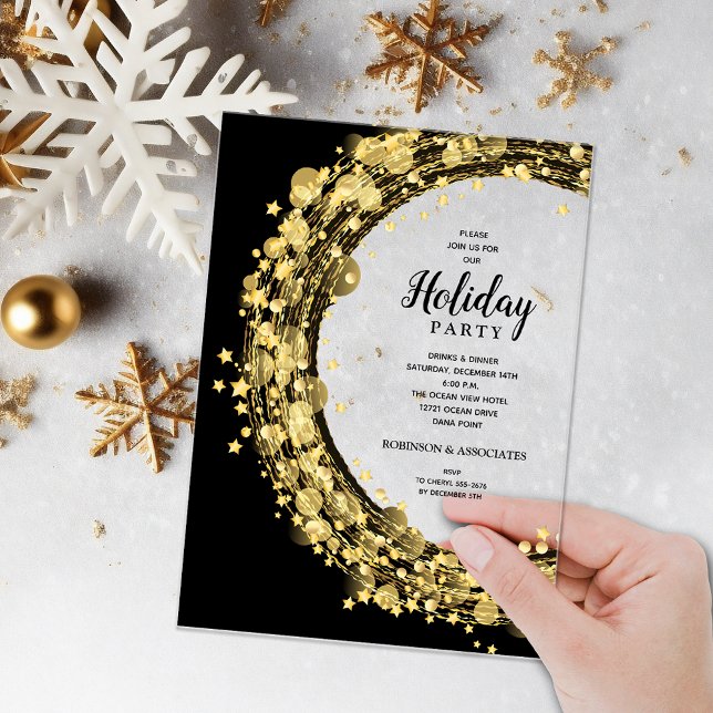 Invitations En Acrylique Gold Stars on Black Christmas Holiday (Gold twinkling stars on black ACRYLIC Christmas Holiday party invitations)