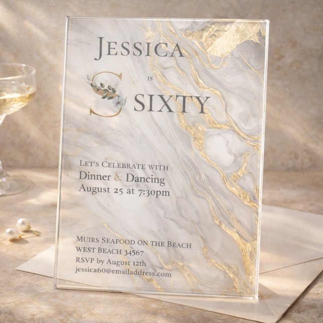 Invitations En Acrylique Gold Vein Marble Floral Monogram 60th Birthday  (Créateur téléchargé)