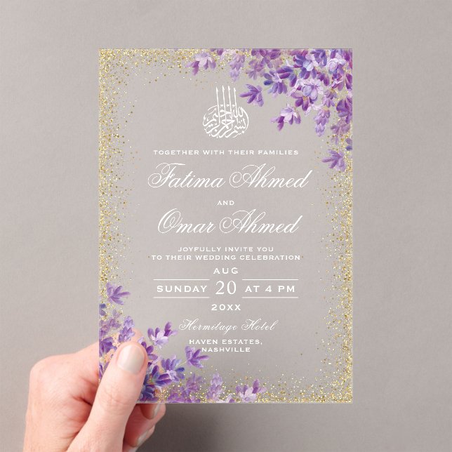 Invitations En Acrylique Gold Violet Lavande Mariage musulman musulman (In situ (ordinateur de poche))
