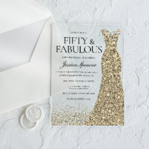 Invitations En Acrylique Golden Dress Womans 50e fête d'anniversaire