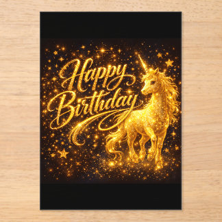 Invitations En Acrylique Golden Stardust Birthday — Fantasy Unicorn 