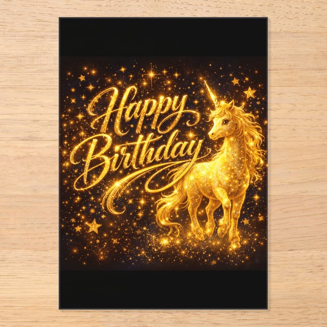 Invitations En Acrylique Golden Stardust Birthday — Fantasy Unicorn  (Recto)