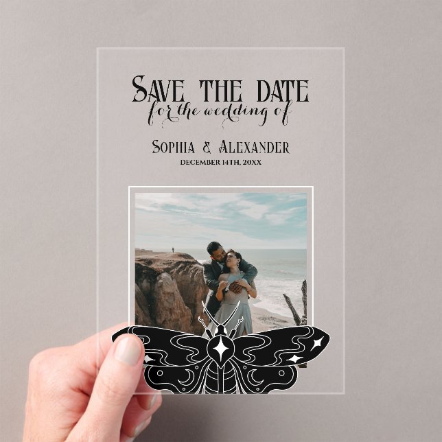 Invitations En Acrylique Gothic Moody Black and White Wedding photo  (In situ (ordinateur de poche))