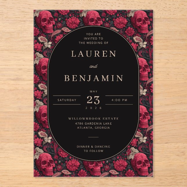 Invitations En Acrylique Gothic Red Floral Skull Border (Recto)
