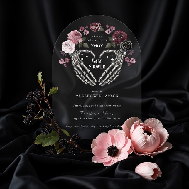 Invitations En Acrylique Gothique Halloween Squelette Mains Baby shower coe (Gothic Halloween Skeleton Hands Heart Baby Shower Acrylic Invitations)