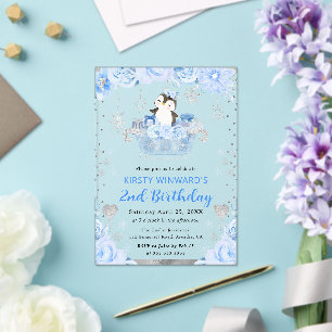 Invitations En Acrylique Gouache Manchot Arctique Floral 2e Anniversaire