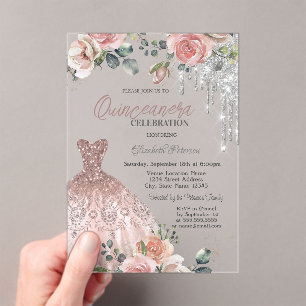 Invitations En Acrylique Gouttes d'Argent, Robe, Roses Rose Quinceanera
