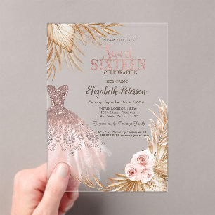 Invitations En Acrylique Gouttes de paillettes, Robe, Pampas Rose Gold Swee