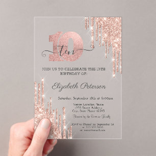 Invitations En Acrylique Gouttes de paillettes rose gold Anniversaire 10 an