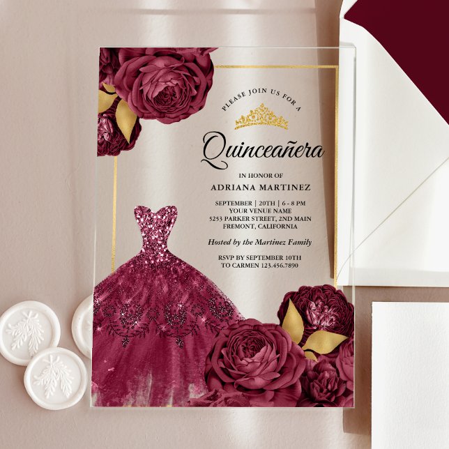 Invitations En Acrylique Gown étincelant Bourgogne Floral Or Quinceanera (Créateur téléchargé)