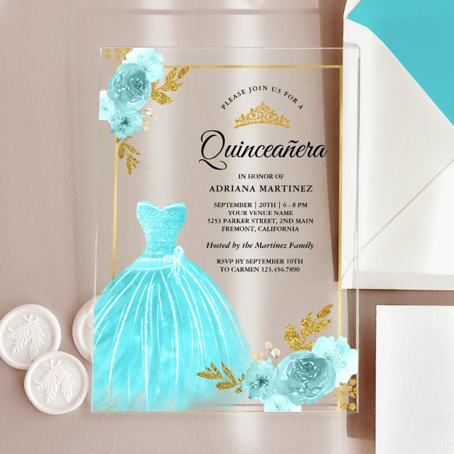 Invitations En Acrylique Gown étincelante Aqua Blue Floral Gold Quinceanera (Créateur téléchargé)
