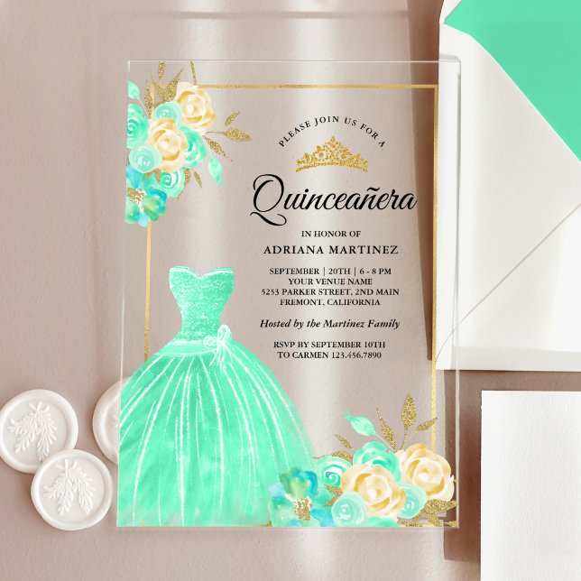 Invitations En Acrylique Gown étincelante Monnaie vert Floral Or Quinceaner (Créateur téléchargé)