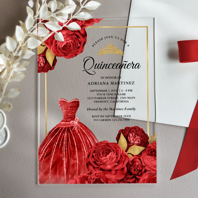 Invitations En Acrylique Gown étincelante Roses rouges Quinceanera or (Créateur téléchargé)