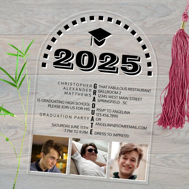 Invitations En Acrylique Grad 2025 Cool 3 Photo Collage Black White Party (Add 3 photos of your graduate to this bold arched clear acrylic graduation party design)
