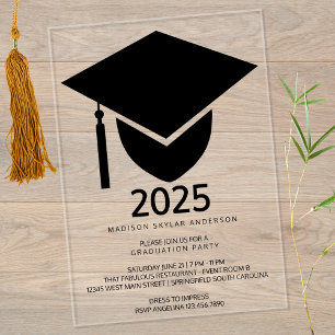 Invitations En Acrylique Grad 2025 Modern Formal Black Casquette Graduation