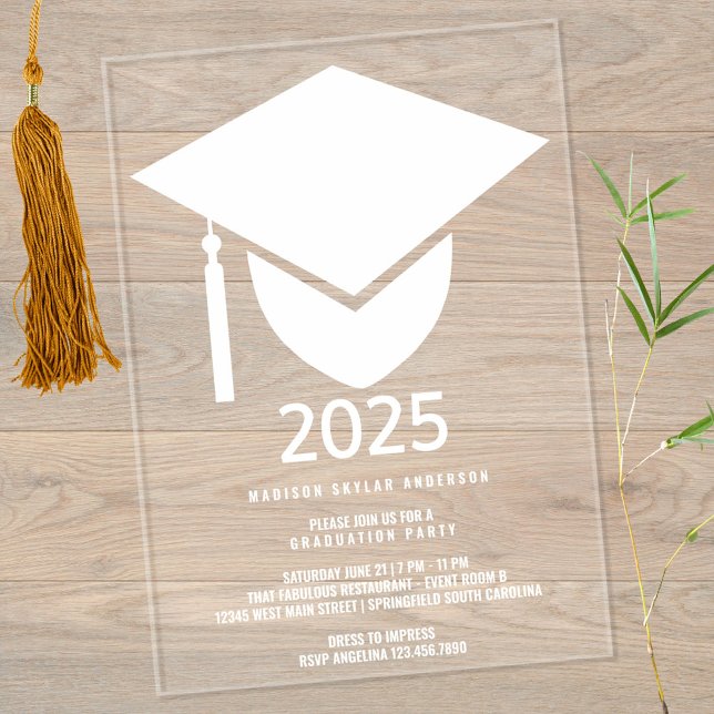 Invitations En Acrylique Grad 2025 Modern Formal White Casquette Graduation (A bold cap & tassel in white printed on clear acrylic sets the tone for your graduation celebrations)