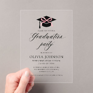 Invitations En Acrylique Graduation moderne élégant Cap Pink Bow Graduation
