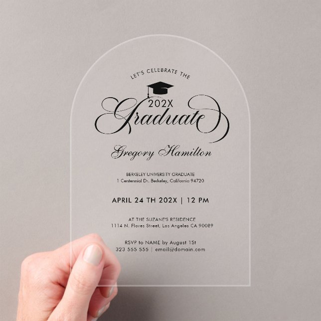 Invitations En Acrylique Graduation Party Elegant Black Script Typography (In situ (ordinateur de poche))