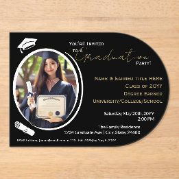 Invitations En Acrylique Graduation Party Noir, Blanc & Or, photo Grad