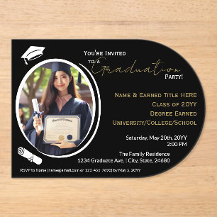 Invitations En Acrylique Graduation Party Noir, Blanc & Or, photo Grad