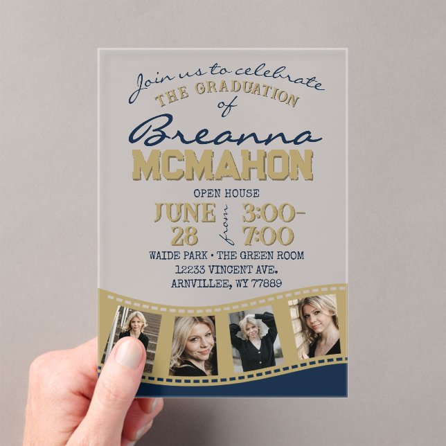 Invitations En Acrylique Graduation photo Marine & Gold Filmstrip Frosted (In situ (ordinateur de poche))