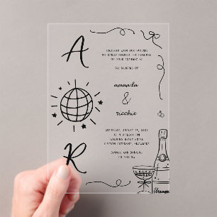 Invitations En Acrylique Grand Disco Monogramme Français Amusants Main Tiré