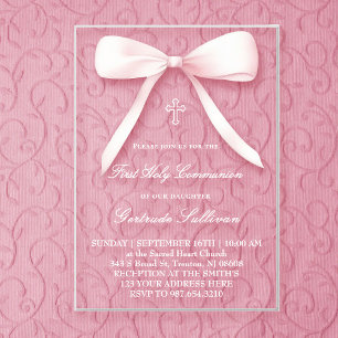 Invitations En Acrylique grand nœud rose Première Communion