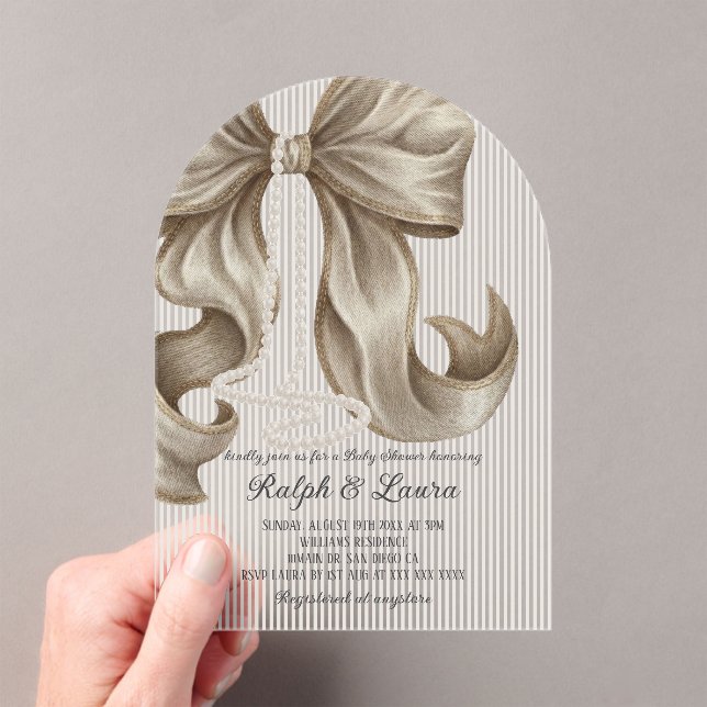 Invitations En Acrylique Grandmillennial Striped Bow Girl Baby Shower (In situ (ordinateur de poche))