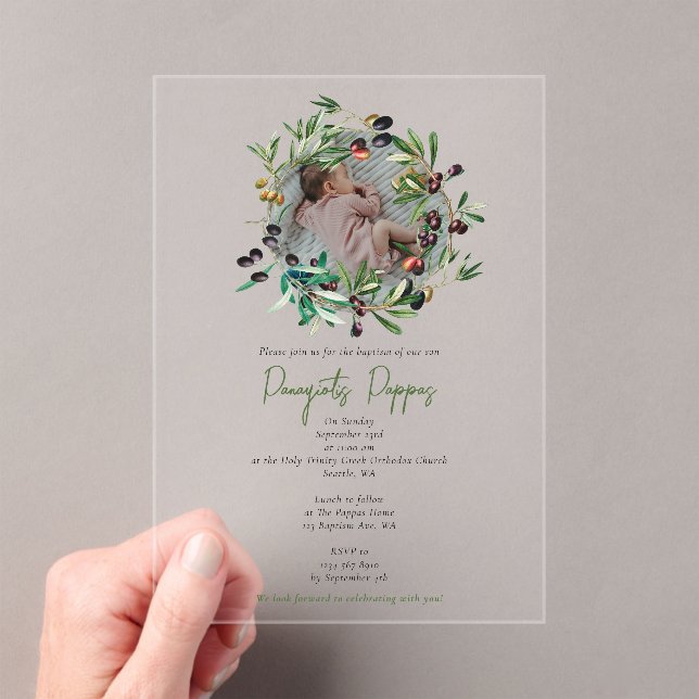 Invitations En Acrylique Grec Orthodoxe baptême Baptême Olives Photo (In situ (ordinateur de poche))