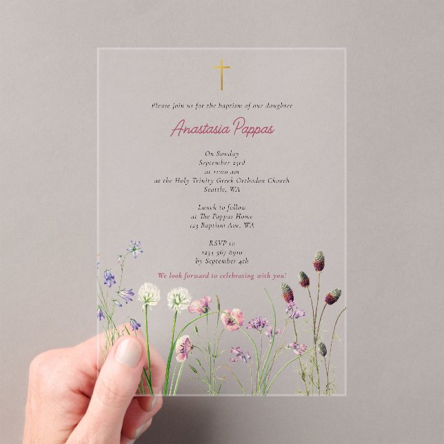 Invitations En Acrylique Grec Orthodoxe baptême Fleur sauvage fille (In situ (ordinateur de poche))