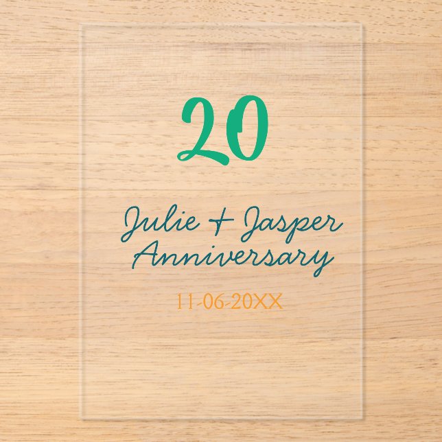 Invitations En Acrylique Green blue 20th anniversary name date orange  (Recto)