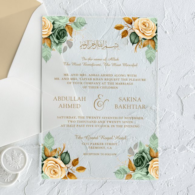Invitations En Acrylique Green Cream Floral Gold Muslim Wedding (Créateur téléchargé)