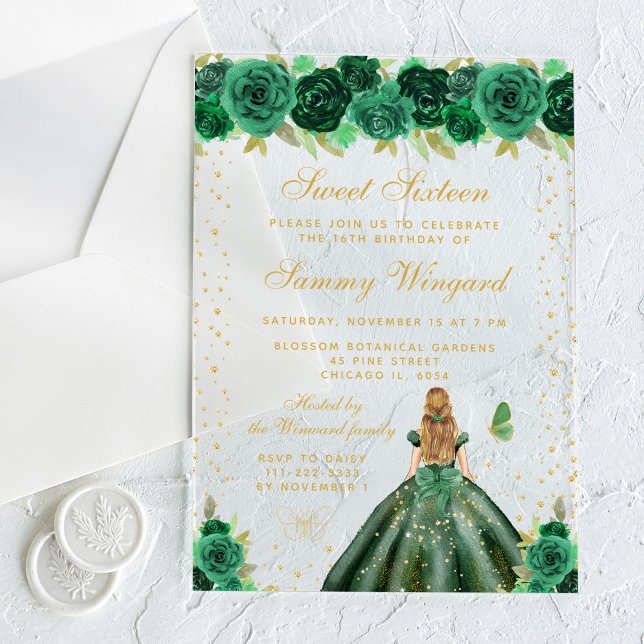 Invitations En Acrylique Green Floral Blonde Cheveux Princesse Sweet sixtee (Créateur téléchargé)