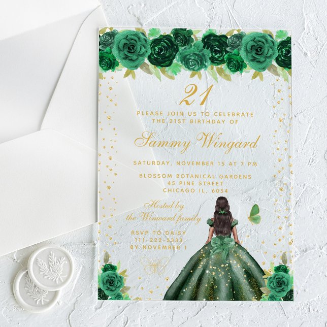Invitations En Acrylique Green Floral Dark Skin Princess Anniversaire (Créateur téléchargé)